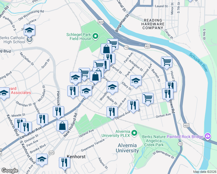 map of restaurants, bars, coffee shops, grocery stores, and more near 514 Fern Avenue in Reading