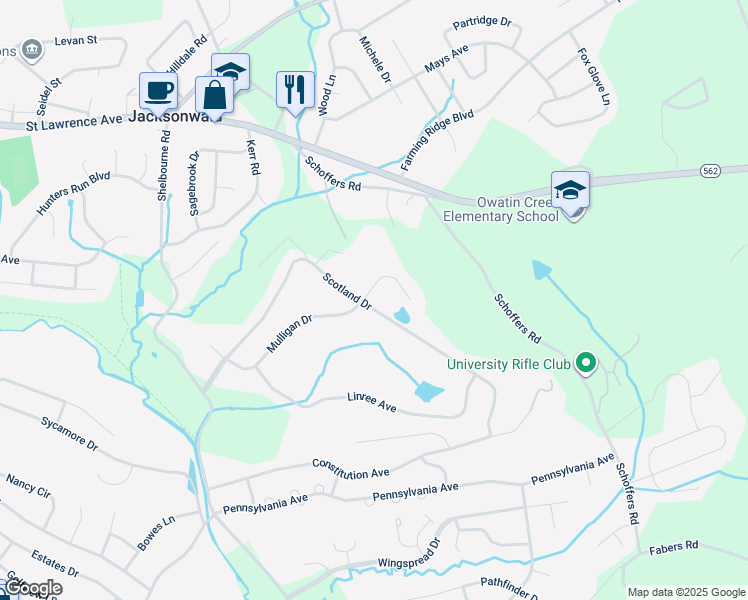 map of restaurants, bars, coffee shops, grocery stores, and more near 27 Mulligan Drive in Reading