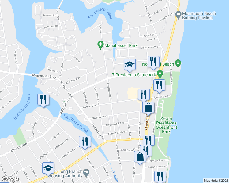 map of restaurants, bars, coffee shops, grocery stores, and more near 20 Calvert Ave in Long Branch