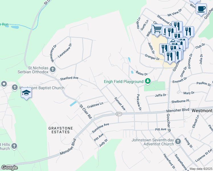 map of restaurants, bars, coffee shops, grocery stores, and more near 898 Sunset Ave in Johnstown