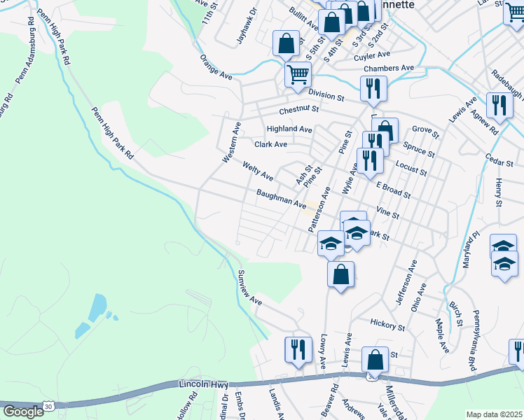 map of restaurants, bars, coffee shops, grocery stores, and more near 517 Penn High Park Road in Jeannette