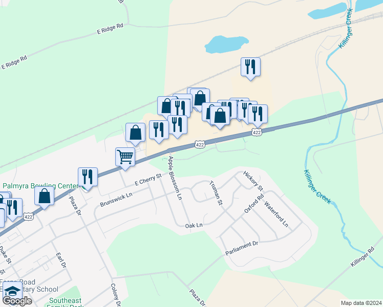 map of restaurants, bars, coffee shops, grocery stores, and more near 68 Shady Lane in Annville