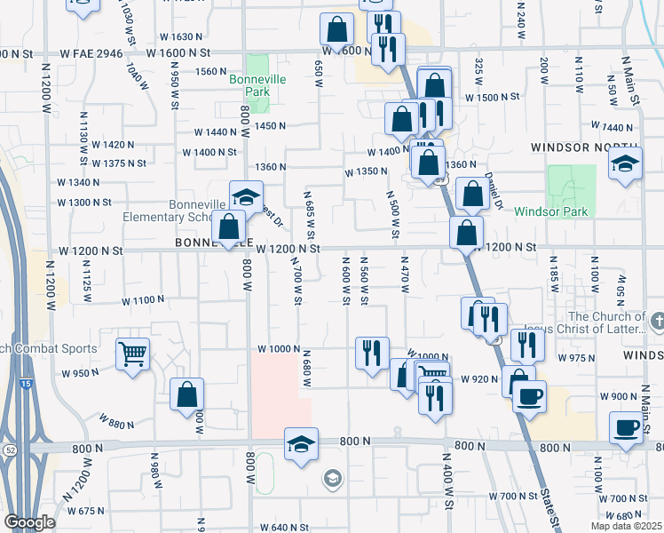 map of restaurants, bars, coffee shops, grocery stores, and more near 1164 North 660 West in Orem