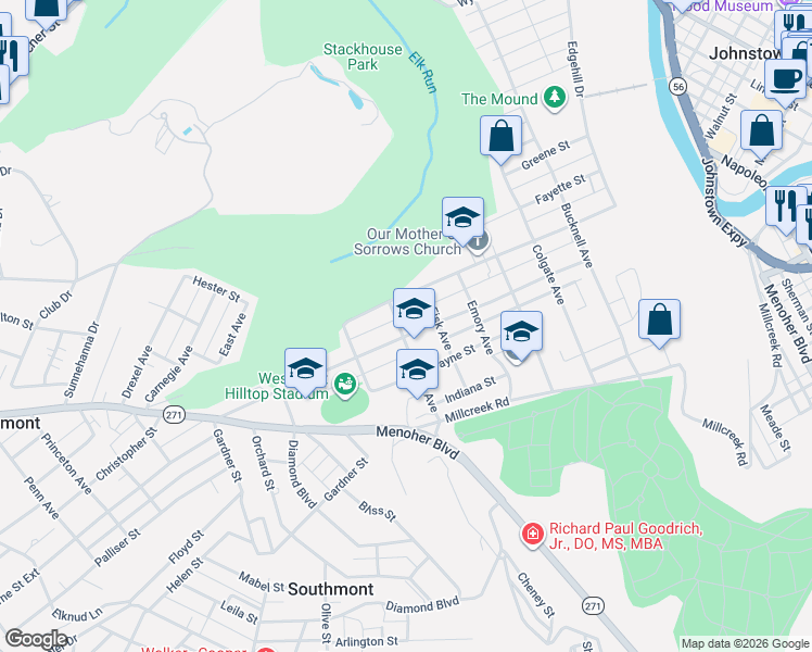 map of restaurants, bars, coffee shops, grocery stores, and more near 300-398 Geneva Avenue in Johnstown