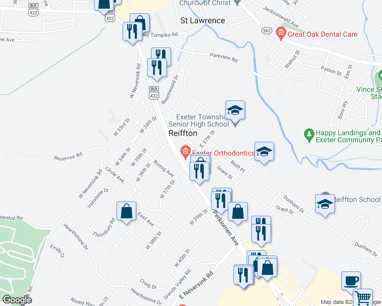 map of restaurants, bars, coffee shops, grocery stores, and more near 6 East 37th Street in Reading