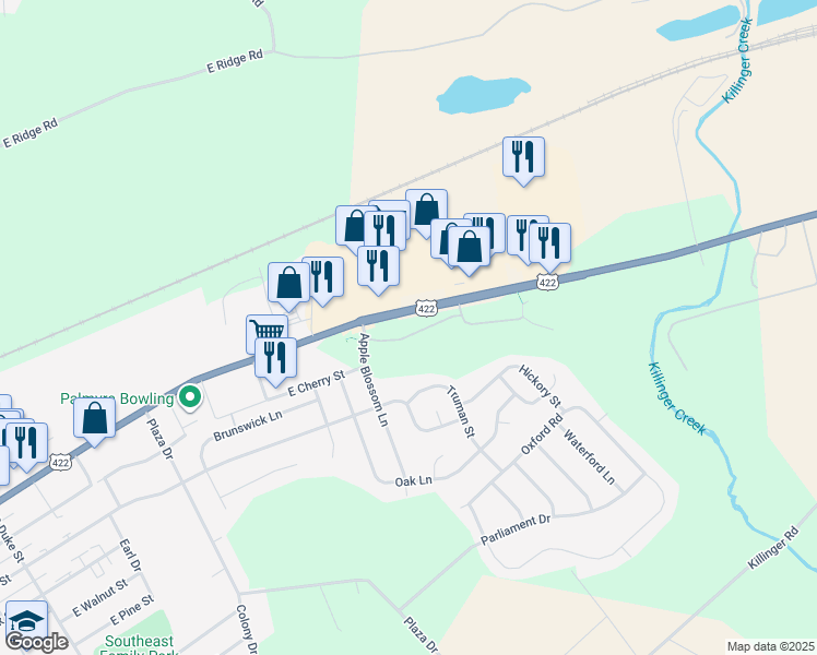 map of restaurants, bars, coffee shops, grocery stores, and more near 68 Shady Lane in Annville