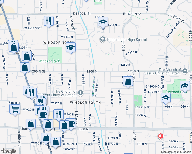 map of restaurants, bars, coffee shops, grocery stores, and more near 1165 North 140 East Street in Orem