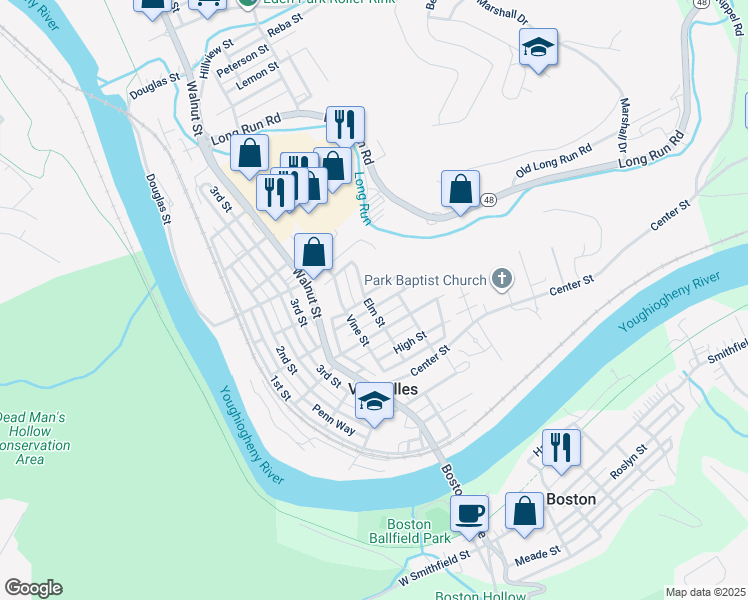map of restaurants, bars, coffee shops, grocery stores, and more near 605 Bayne Street in McKeesport