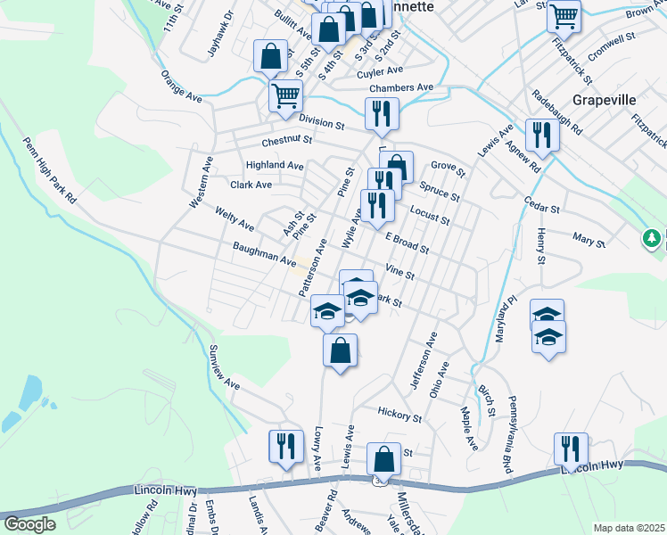 map of restaurants, bars, coffee shops, grocery stores, and more near 810 Wylie Avenue in Jeannette