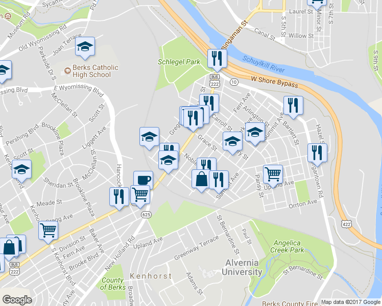 map of restaurants, bars, coffee shops, grocery stores, and more near 546 Hazel Alley in Reading