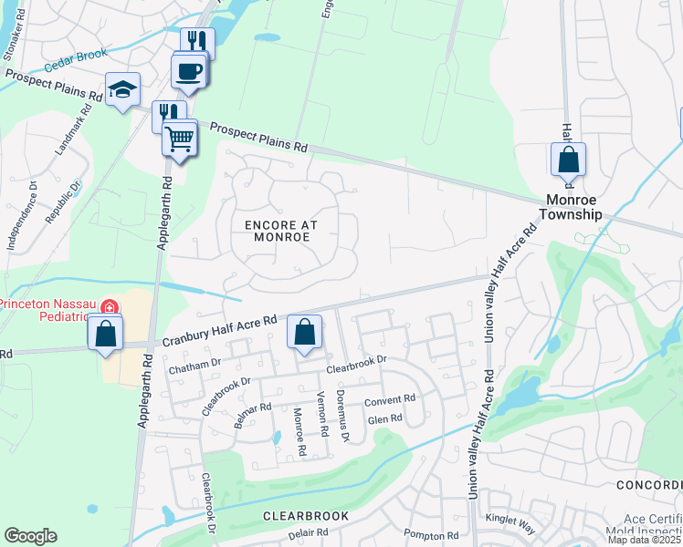 map of restaurants, bars, coffee shops, grocery stores, and more near 82 Crescent Way in Monroe Township