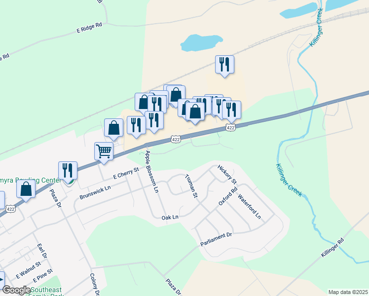 map of restaurants, bars, coffee shops, grocery stores, and more near 86 Shady Lane in Annville