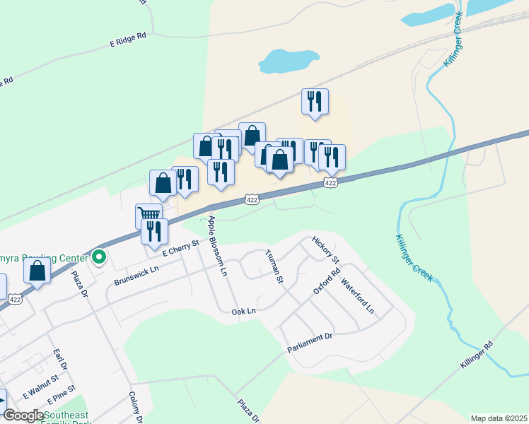 map of restaurants, bars, coffee shops, grocery stores, and more near 86 Shady Lane in Annville