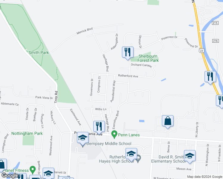 map of restaurants, bars, coffee shops, grocery stores, and more near 627 Presidential Way in Delaware