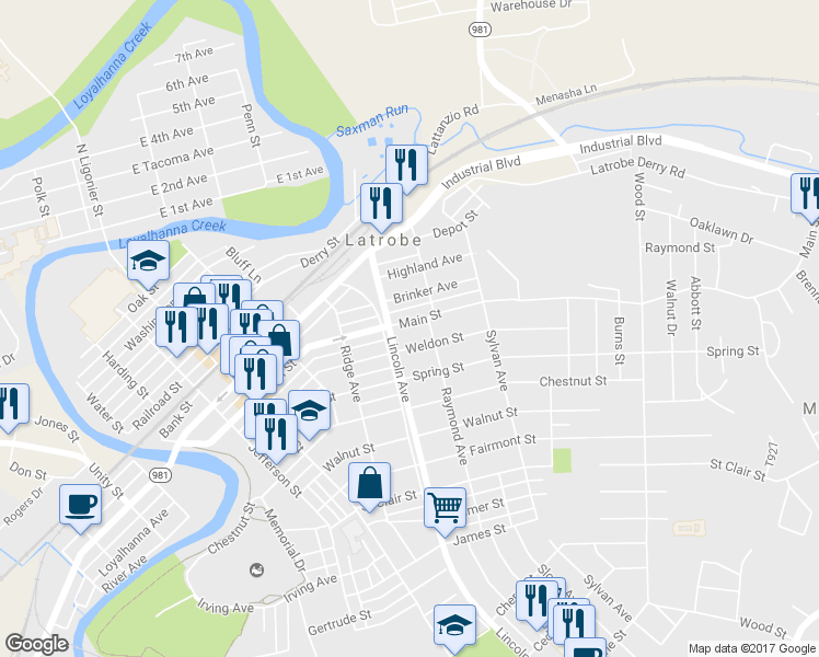 map of restaurants, bars, coffee shops, grocery stores, and more near 615 Main St in Latrobe