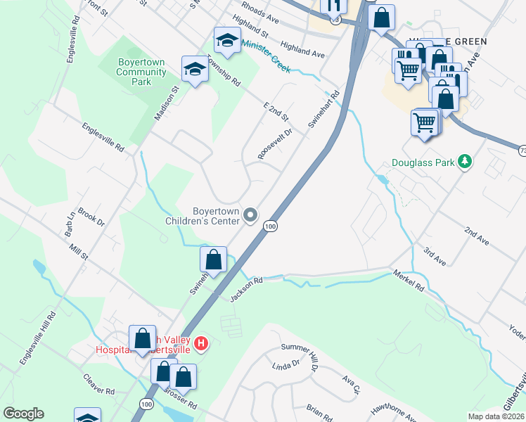 map of restaurants, bars, coffee shops, grocery stores, and more near 480 Swinehart Road in Boyertown