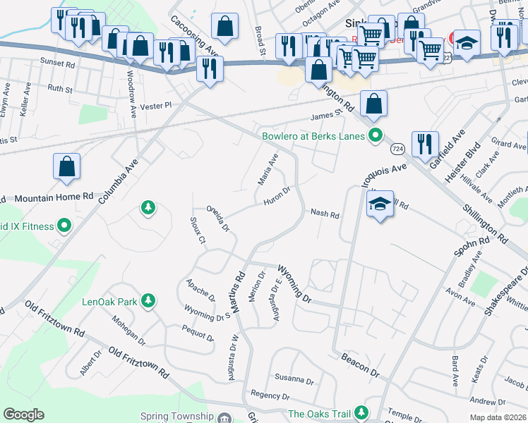 map of restaurants, bars, coffee shops, grocery stores, and more near 1532 Huron Drive in Sinking Spring