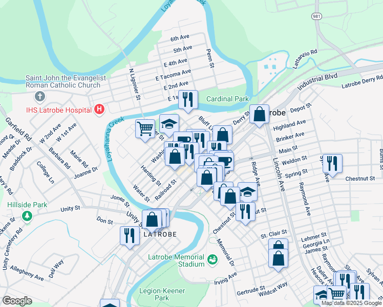 map of restaurants, bars, coffee shops, grocery stores, and more near 316 Thompson Street in Latrobe