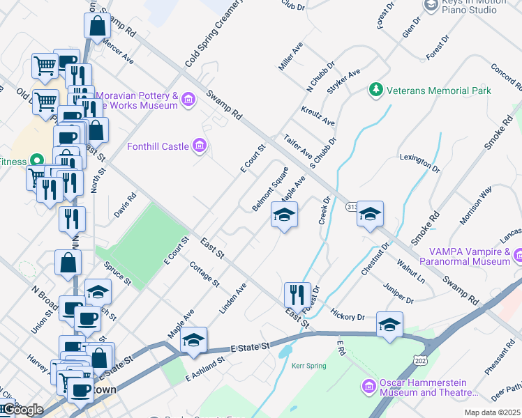 map of restaurants, bars, coffee shops, grocery stores, and more near 59 Belmont Square in Doylestown