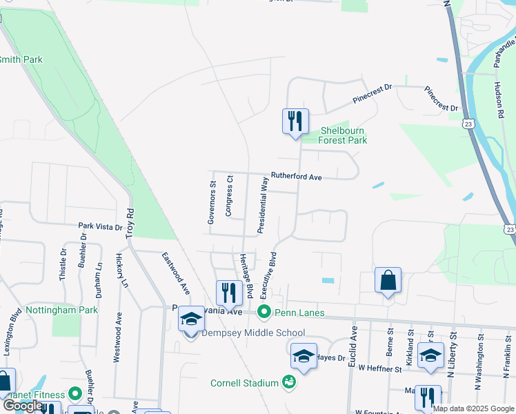 map of restaurants, bars, coffee shops, grocery stores, and more near 627 Presidential Way in Delaware