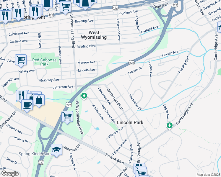 map of restaurants, bars, coffee shops, grocery stores, and more near 615 Jefferson Blvd in Reading