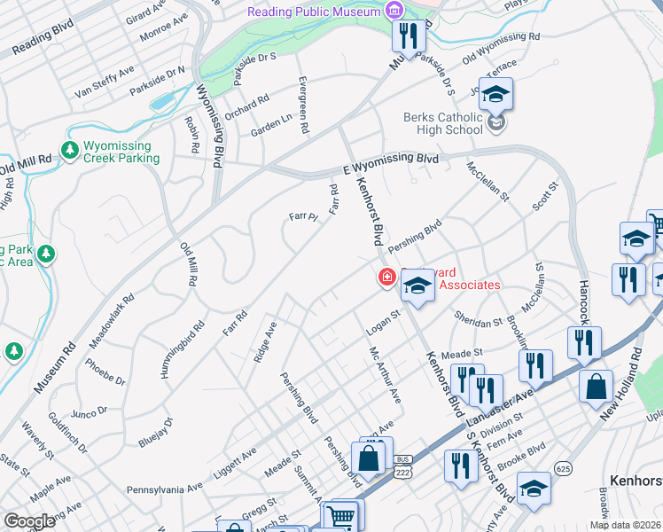 map of restaurants, bars, coffee shops, grocery stores, and more near 1401 Pershing Boulevard in Reading