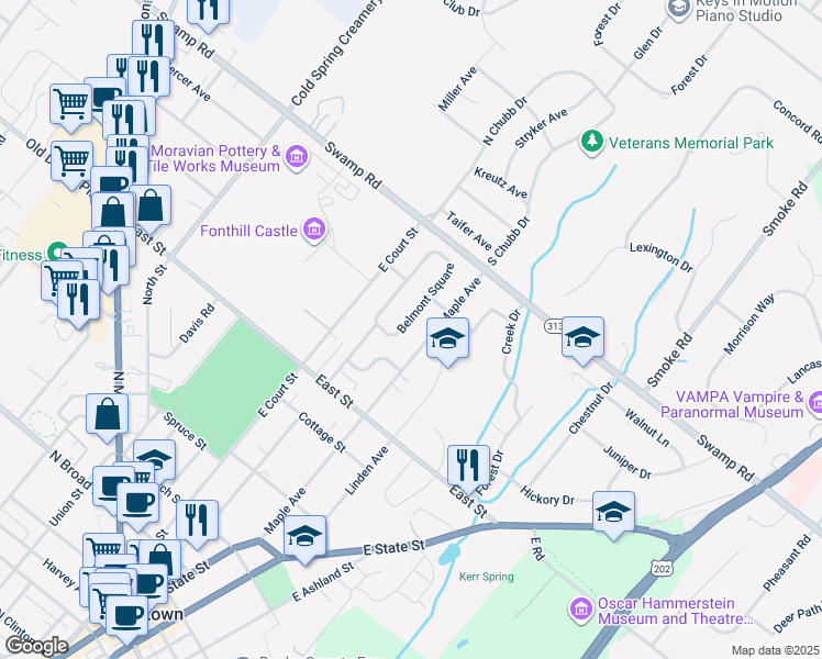 map of restaurants, bars, coffee shops, grocery stores, and more near 59 Belmont Square in Doylestown