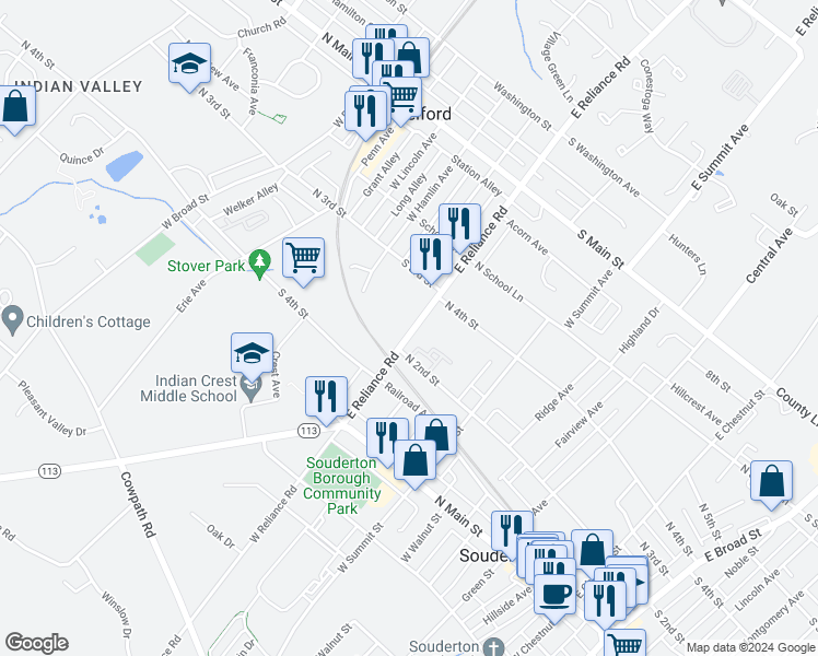 map of restaurants, bars, coffee shops, grocery stores, and more near 325 West Reliance Road in Telford