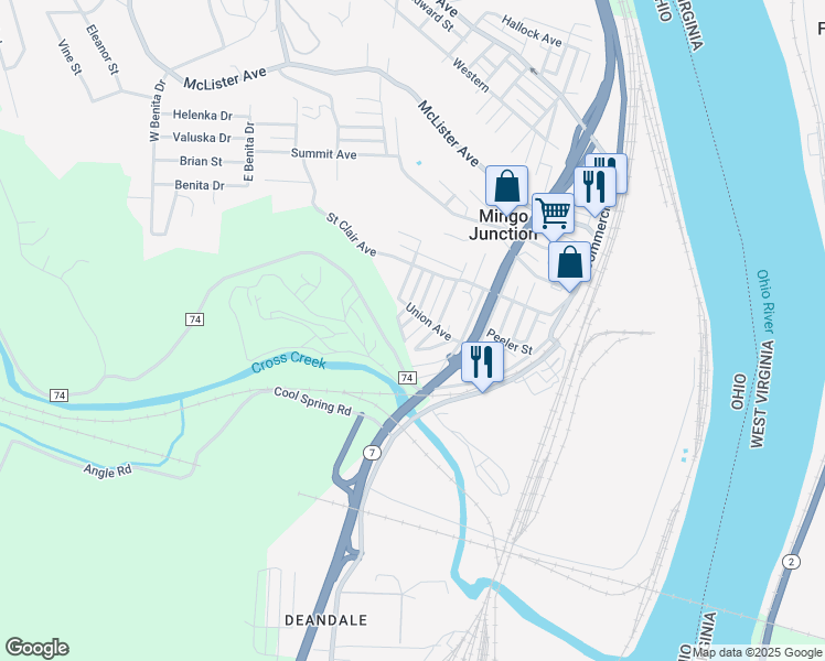 map of restaurants, bars, coffee shops, grocery stores, and more near 113 Frank Avenue in Mingo Junction