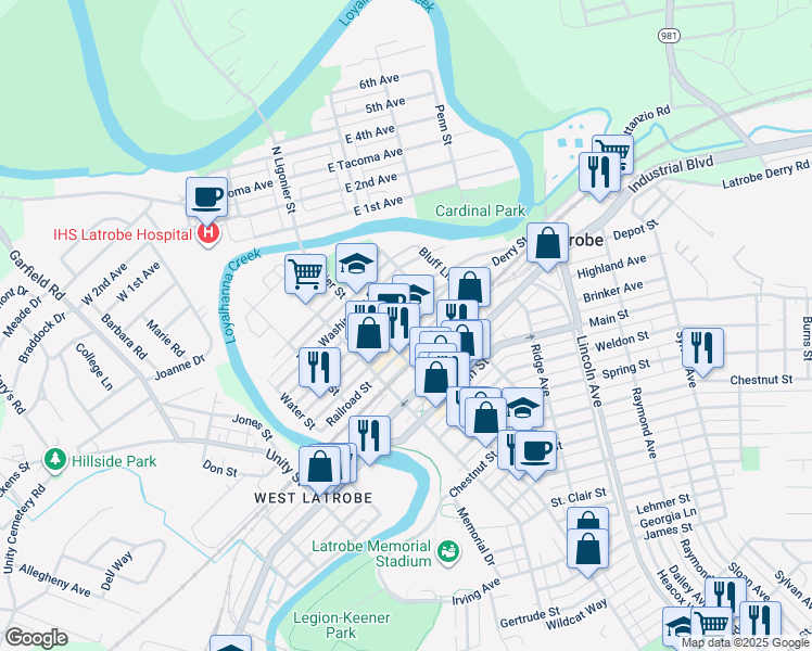 map of restaurants, bars, coffee shops, grocery stores, and more near 316 Thompson Street in Latrobe