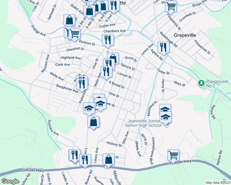 map of restaurants, bars, coffee shops, grocery stores, and more near 313 Vine Street in Jeannette