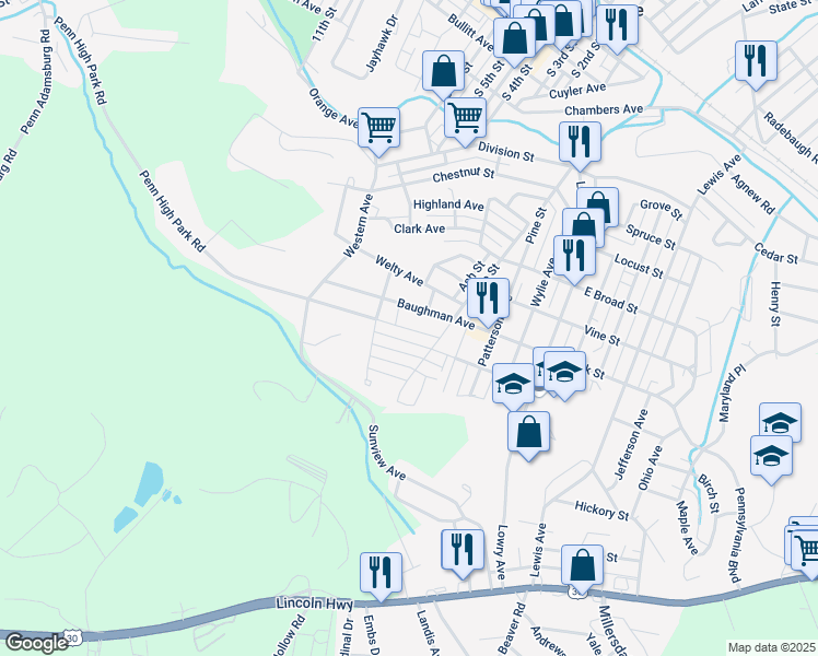map of restaurants, bars, coffee shops, grocery stores, and more near 517 Penn High Park Road in Jeannette