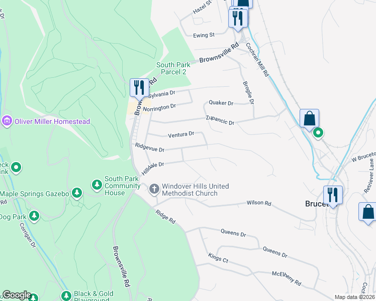 map of restaurants, bars, coffee shops, grocery stores, and more near 6732 Ridgevue Drive in Pittsburgh