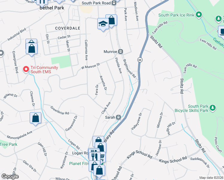 map of restaurants, bars, coffee shops, grocery stores, and more near 5568 Clark Avenue in Bethel Park