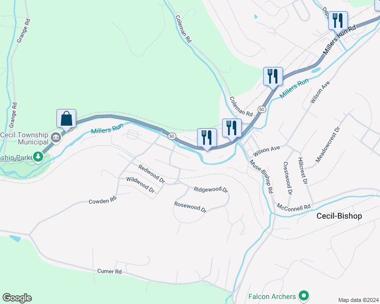 map of restaurants, bars, coffee shops, grocery stores, and more near 119 William Street in McDonald