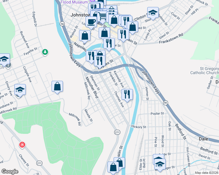 map of restaurants, bars, coffee shops, grocery stores, and more near 627 Napoleon Street in Johnstown
