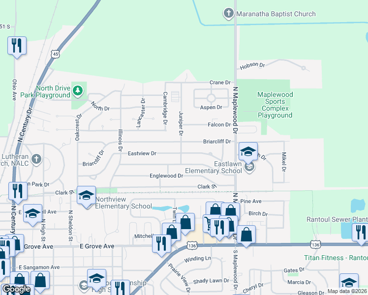 map of restaurants, bars, coffee shops, grocery stores, and more near 801 Juniper Drive in Rantoul