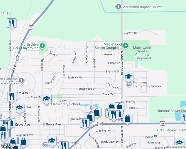 map of restaurants, bars, coffee shops, grocery stores, and more near 801 Juniper Drive in Rantoul