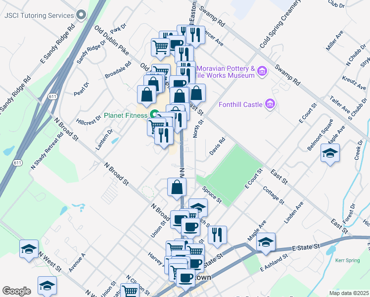 map of restaurants, bars, coffee shops, grocery stores, and more near 379 North Main Street in Doylestown