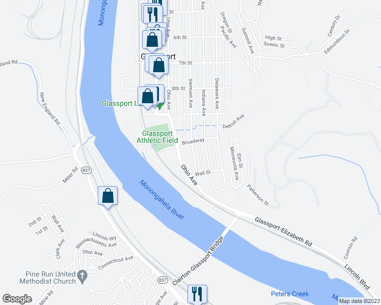 map of restaurants, bars, coffee shops, grocery stores, and more near 1016 Vermont Avenue in Glassport