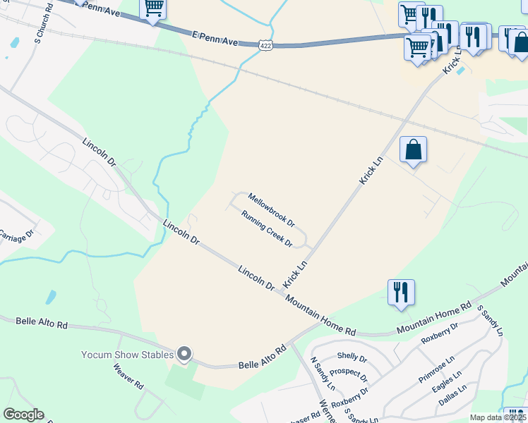 map of restaurants, bars, coffee shops, grocery stores, and more near 18 Mellowbrook Drive in Sinking Spring