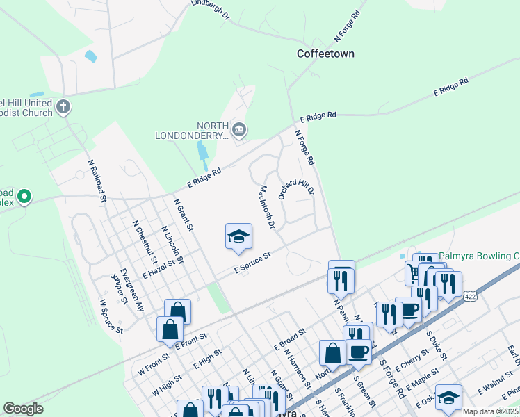 map of restaurants, bars, coffee shops, grocery stores, and more near 163 MacIntosh Dr in Palmyra