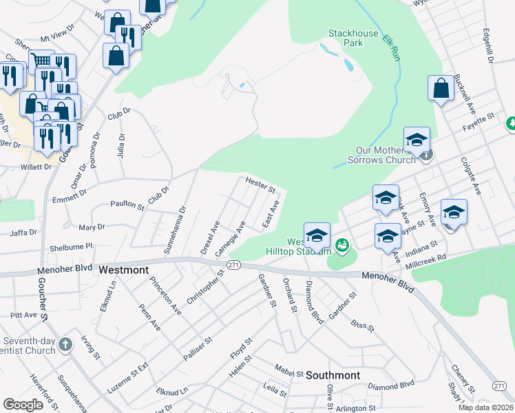 map of restaurants, bars, coffee shops, grocery stores, and more near 913 Carnegie Avenue in Johnstown