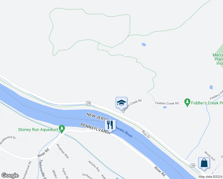 map of restaurants, bars, coffee shops, grocery stores, and more near 1552 River Road in Hopewell Township