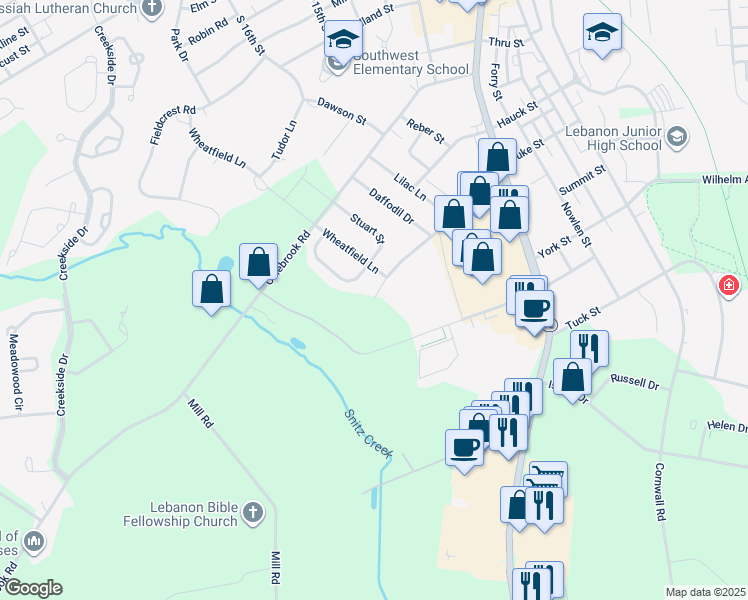 map of restaurants, bars, coffee shops, grocery stores, and more near 1804 Summit Street in Lebanon