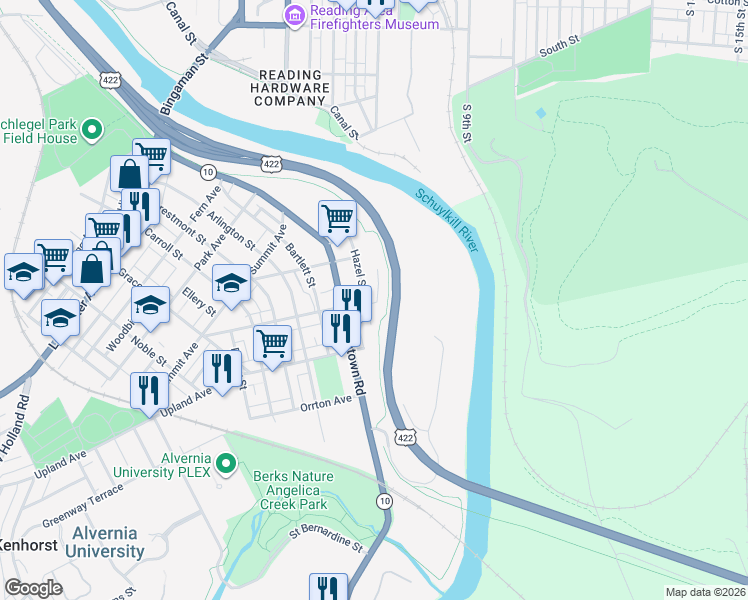 map of restaurants, bars, coffee shops, grocery stores, and more near 377 Hazel Street in Reading