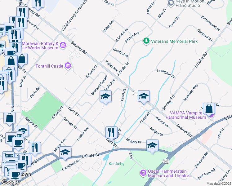 map of restaurants, bars, coffee shops, grocery stores, and more near 500 Linden Avenue in Doylestown