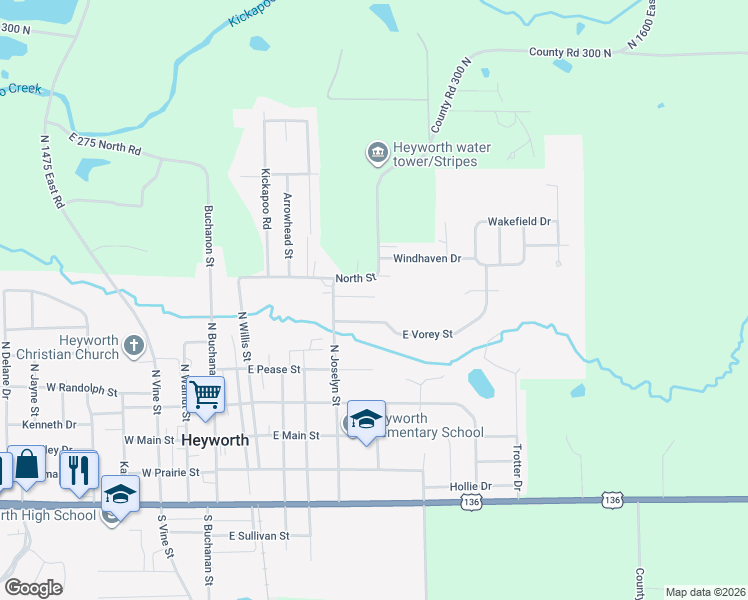 map of restaurants, bars, coffee shops, grocery stores, and more near 506 East Vorey Street in Heyworth
