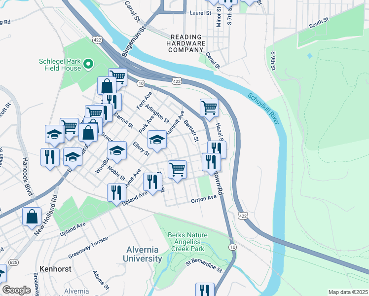 map of restaurants, bars, coffee shops, grocery stores, and more near 325 Crestmont Street in West Reading