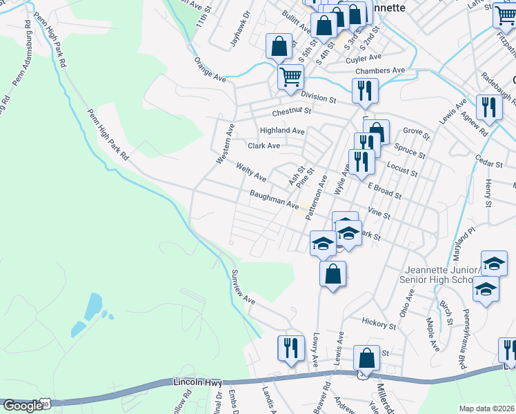 map of restaurants, bars, coffee shops, grocery stores, and more near 517 Penn High Park Road in Jeannette